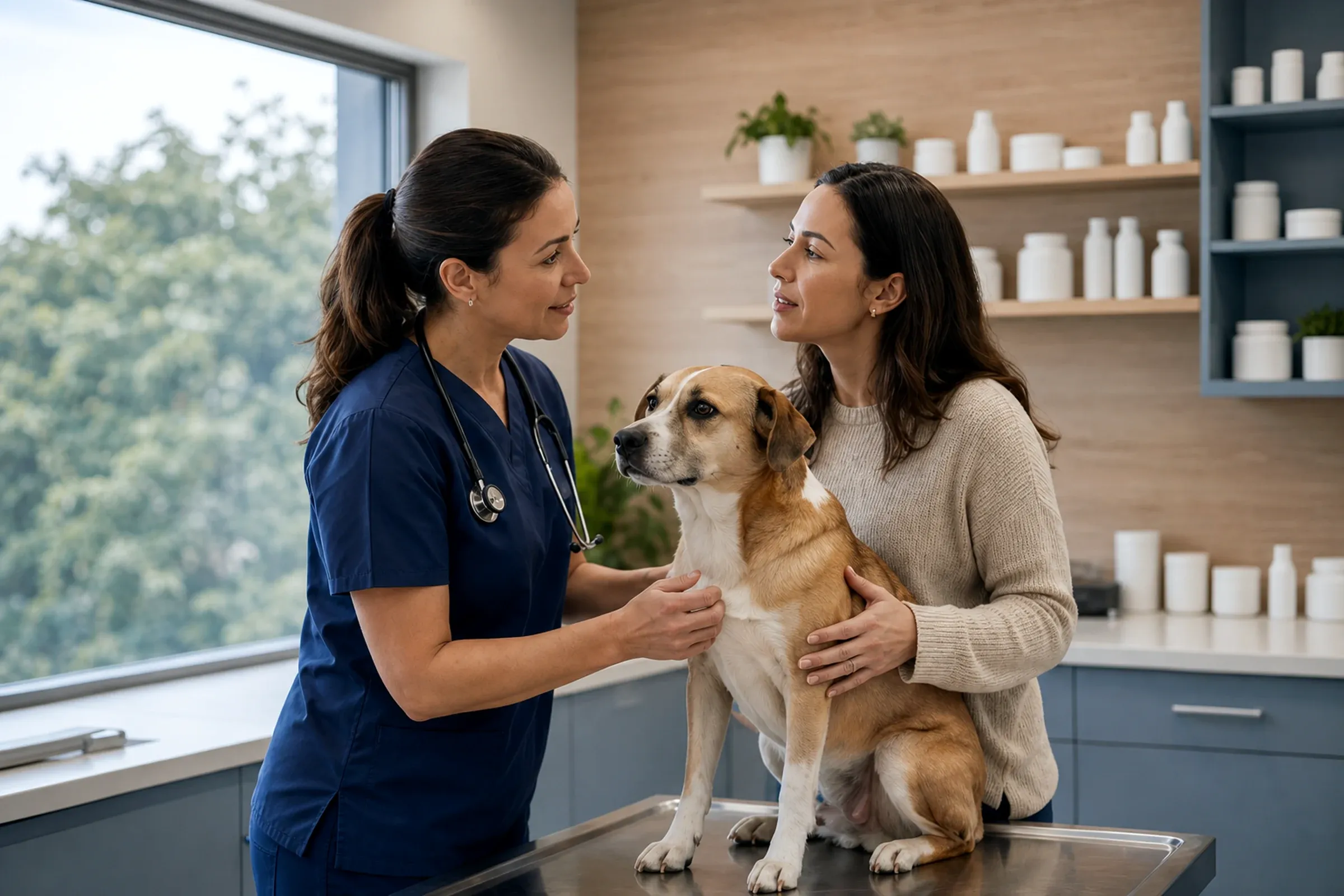 Veterinária examinando um cão sobre a mesa enquanto conversa com a tutora, que mantém a mão no dorso do animal.
