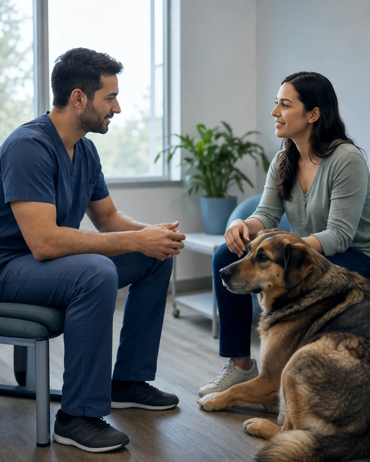 Veterinário conversando com a tutora enquanto o cão descansa ao lado, em consultório com luz natural.