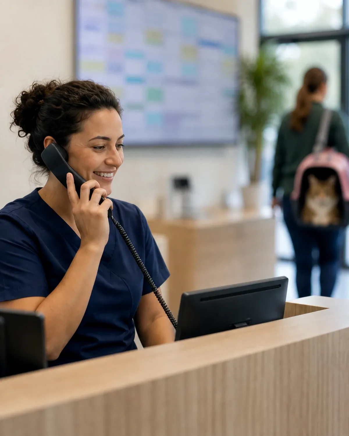 Recepcionista da clínica ao telefone, com o quadro de agenda ao fundo e uma tutora saindo com o gato na caixa de transporte.