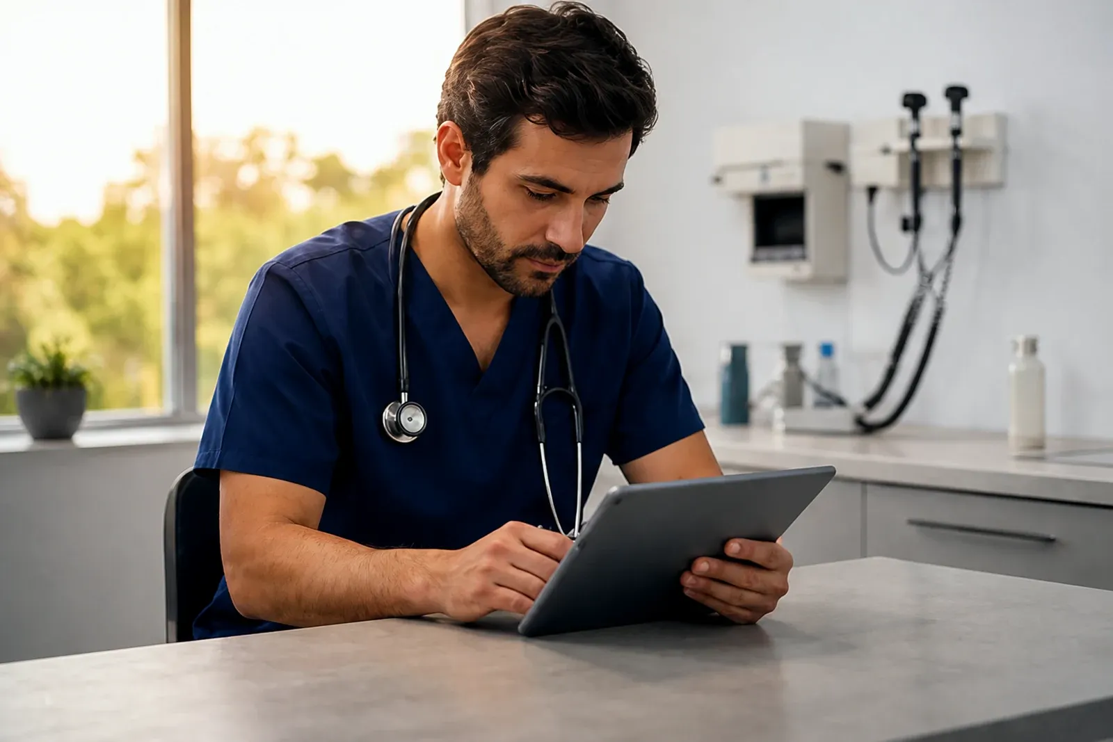 Veterinário revisando anotações em tablet no consultório, entre atendimentos.